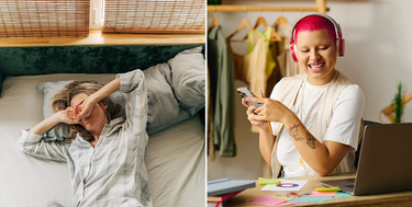 Person tired in bed compared to person being productive