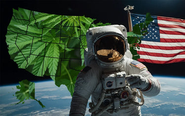 Delta 8 THC shown in a map of the United States with flag and astronaut