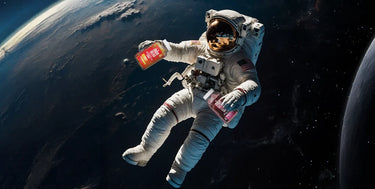 Astronaut floating in space with THCP and THCV gummies