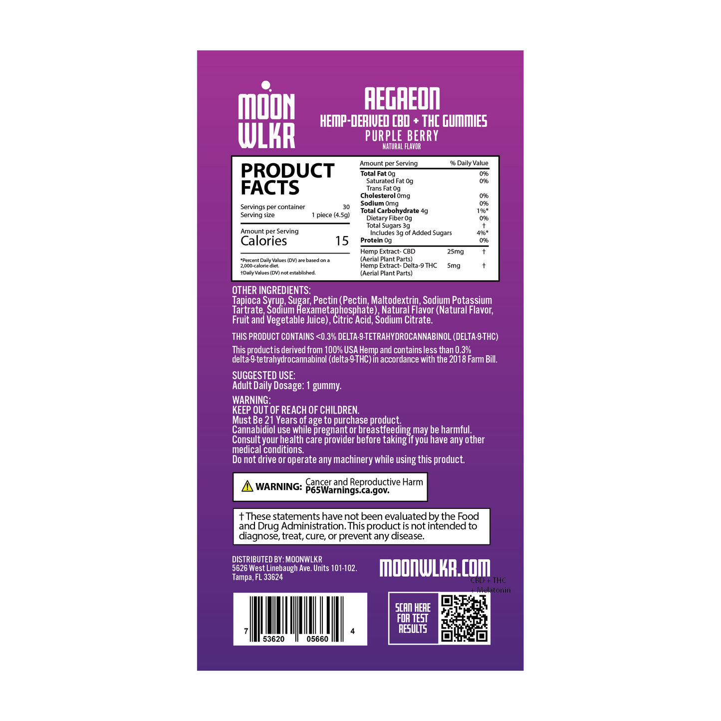 Products facts and ingredient label for Moonwlkr CBD + THC gummies purple berry