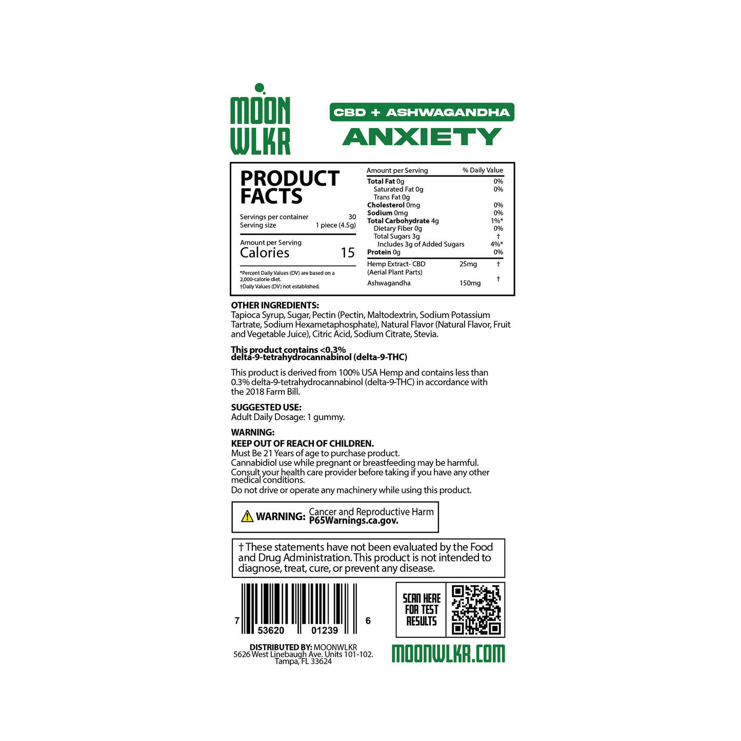 CBD + Ashwagandha Anxiety gummies product facts and ingredients