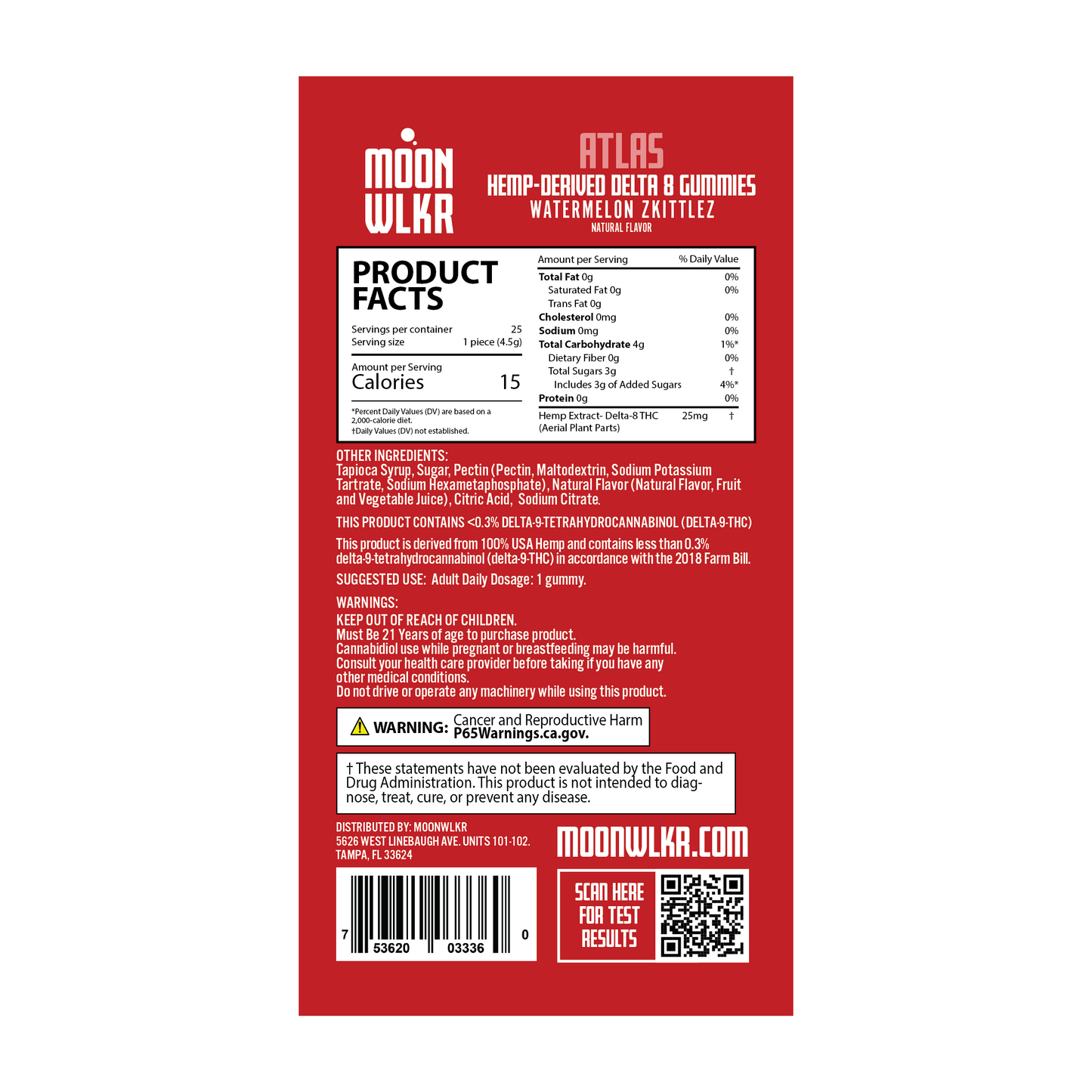 Products facts and ingredients for Moonwlkr Delta 8 gummies in watermelon zkittlez flavor