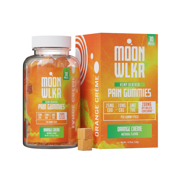 Bottle of Moonwlkr CBD CBG THC Turmeric Pain Relief gummies in flavor Orange Creme
