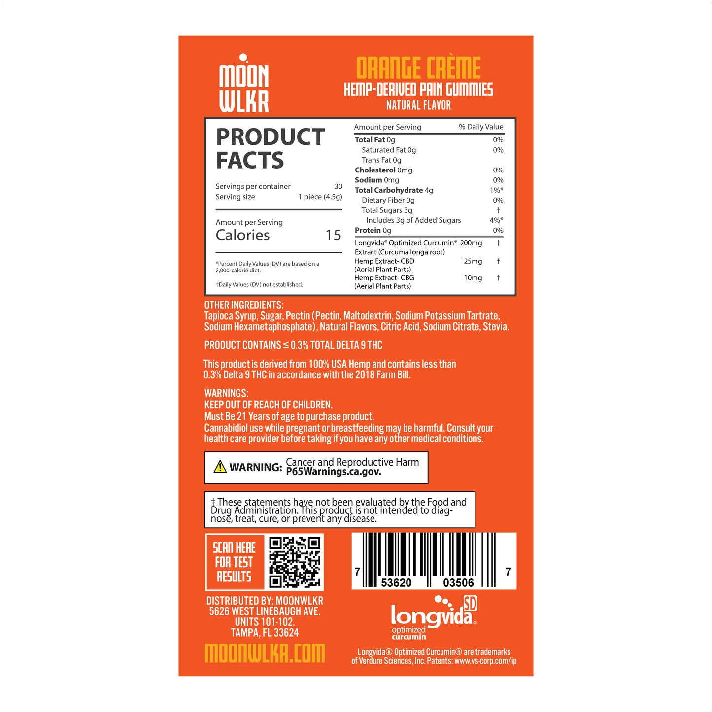 Moonwlkr CBD CBG Turmeric Pain Gummies in flavor Orange Creme Products Facts Label