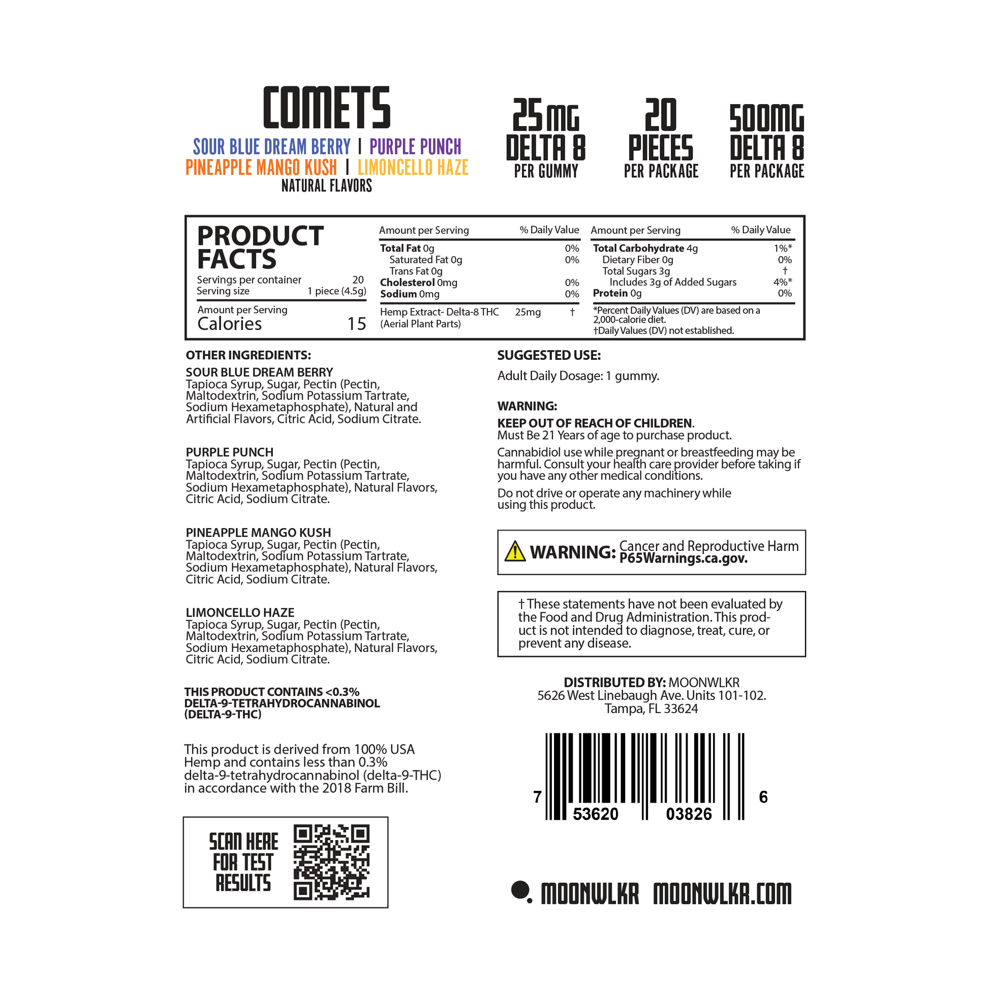 product facts and ingredients for Moonwlkr Comets gummies