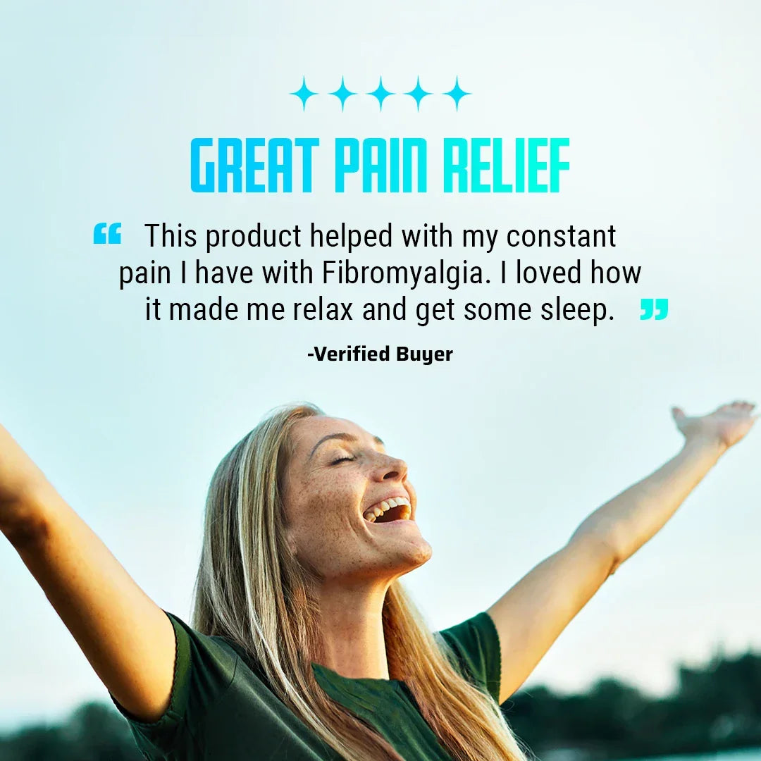 Happy woman with arms raised enjoying pain relief from hemp-derived gummies, verified buyer testimonial
