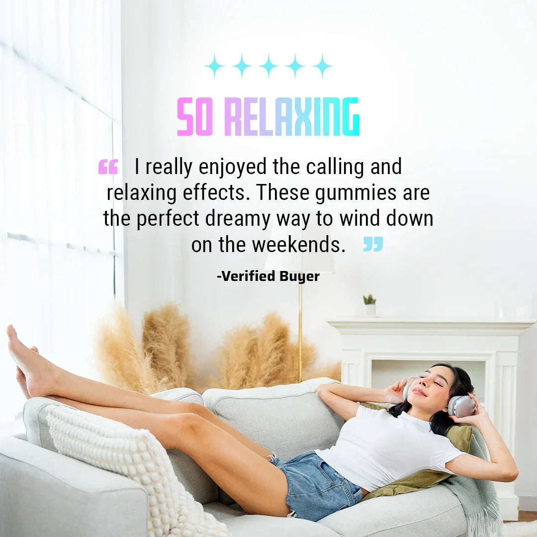 Relaxing woman lounging on couch with headphones, enjoying calming gummies for weekend wind-down