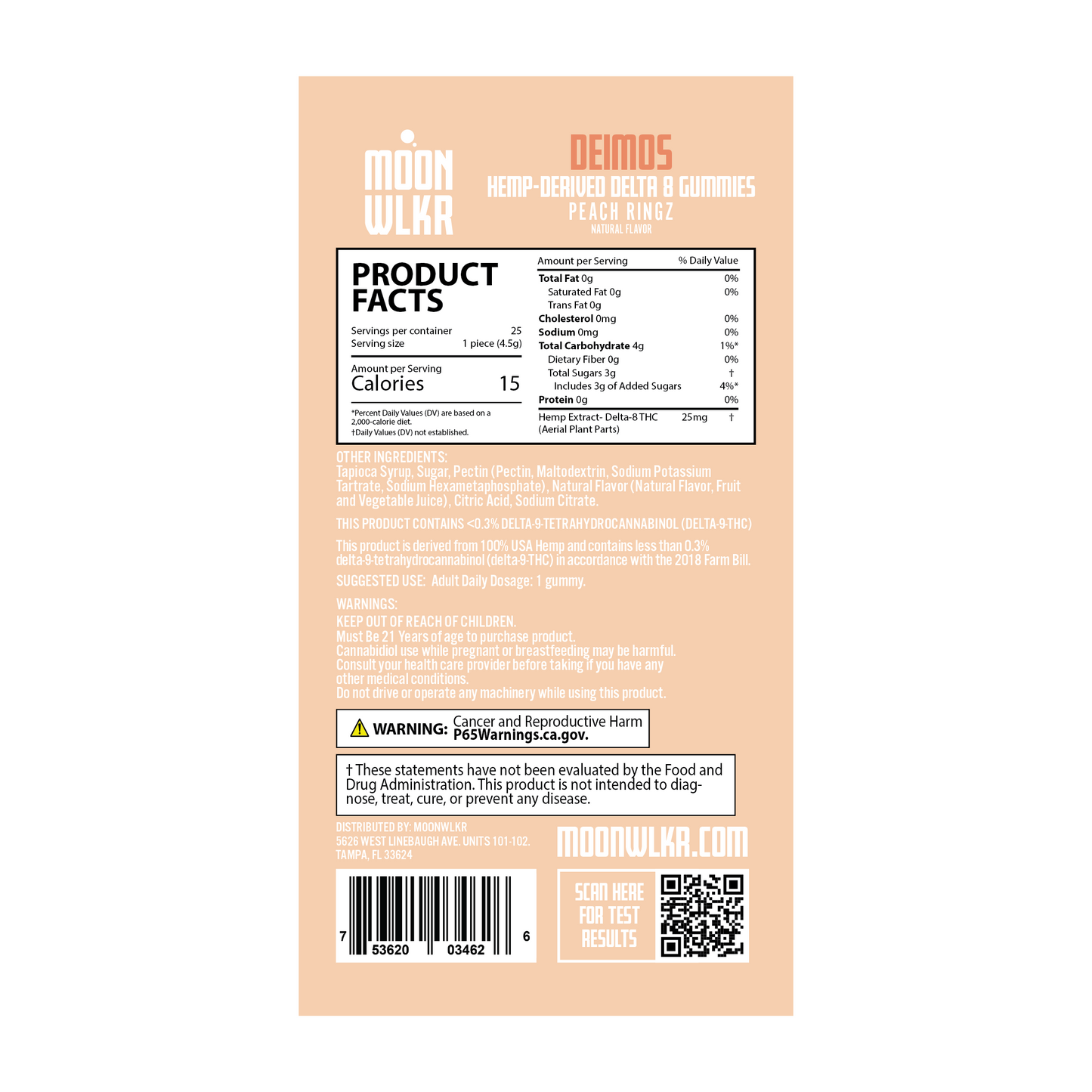 Products facts and ingredients for Moonwlkr Delta 8 gummies in peach ringz flavor