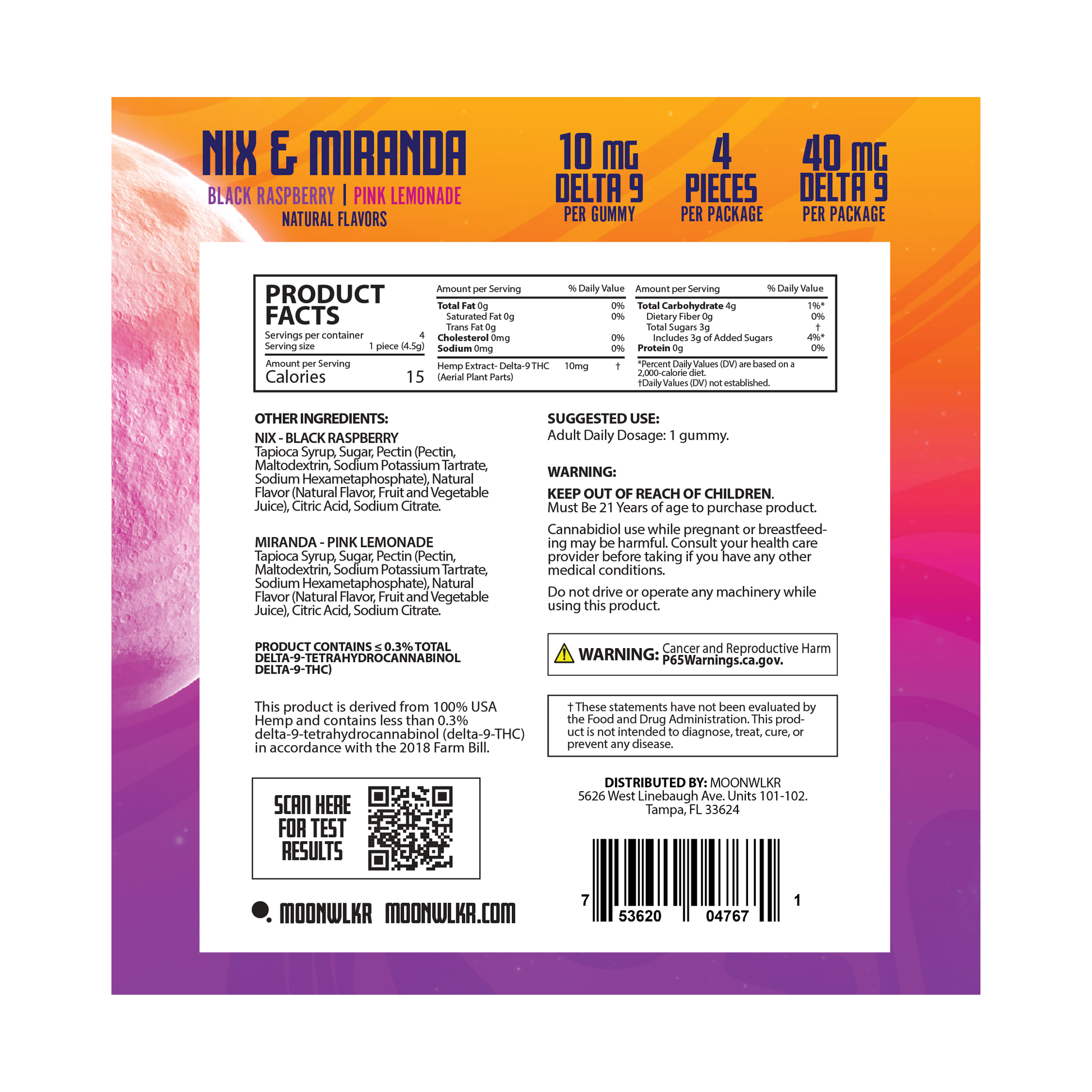 Products facts and ingredients for Moonwlkr Delta 9 THC sample pack gummies