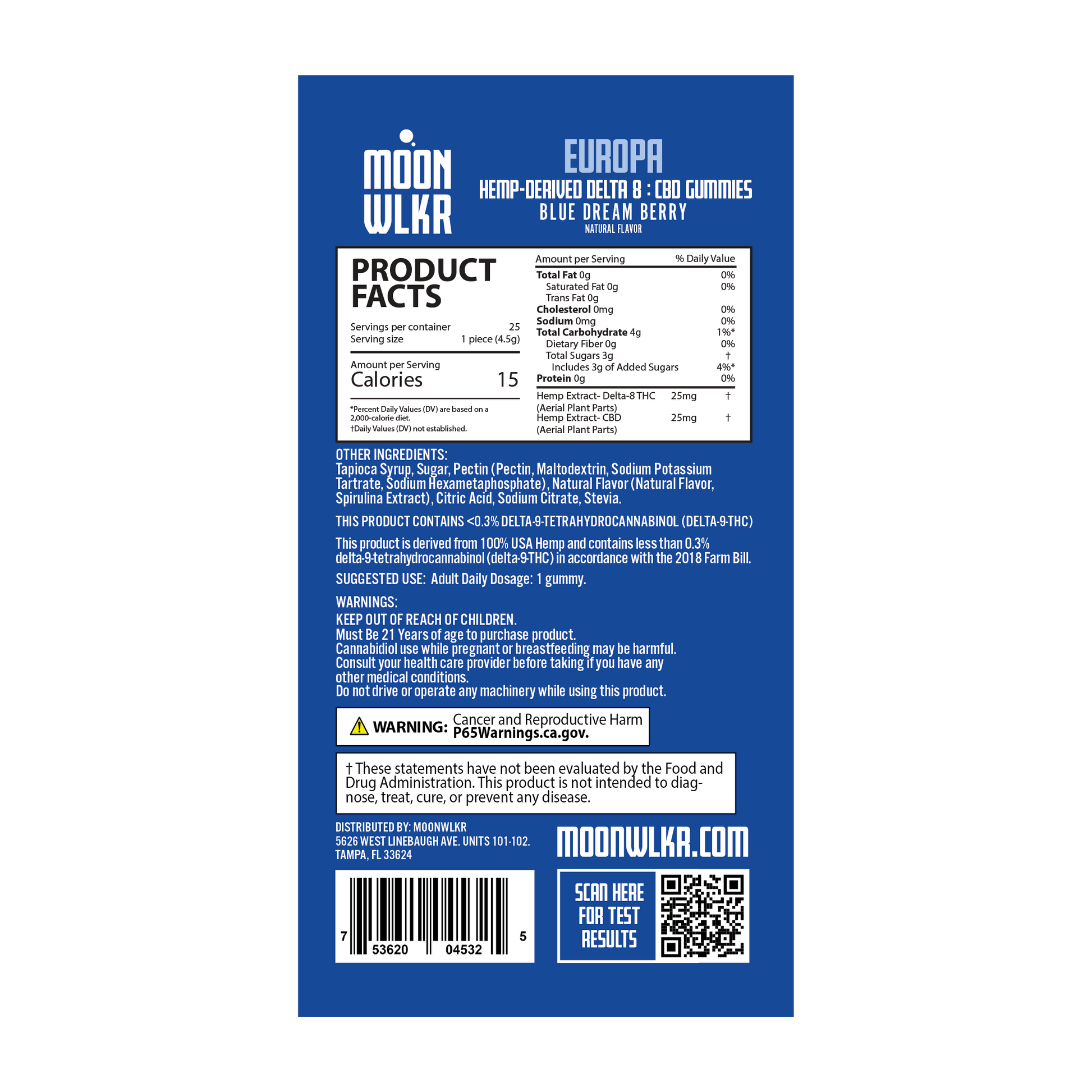 Products facts and ingredients for Moonwlkr Delta 8 : CBD gummies in blue dream berry flavor