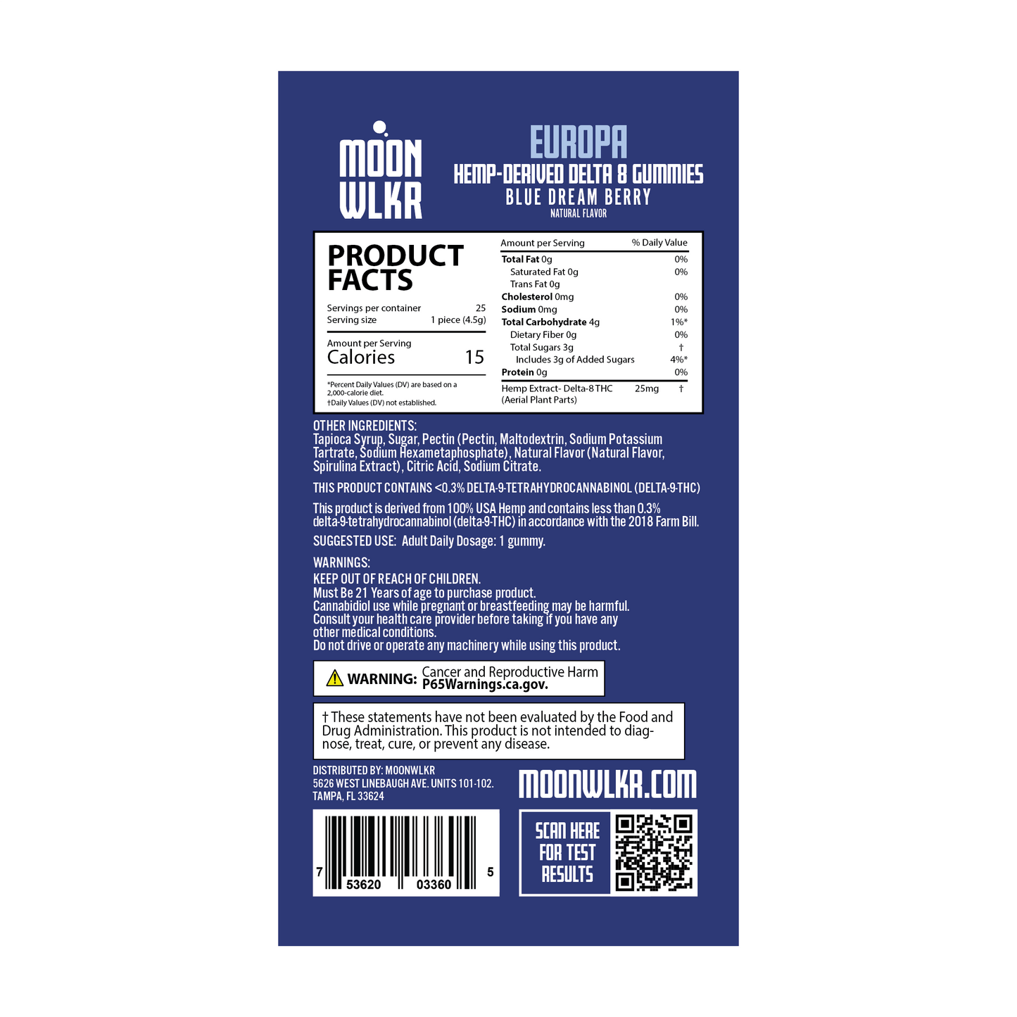 Products facts and ingredients for Moonwlkr Delta 8 gummies in blue dream berry flavor