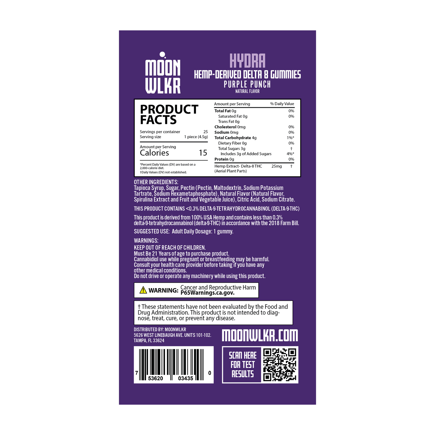 Products facts and ingredients for Moonwlkr Delta 8 gummies in purple punch flavor