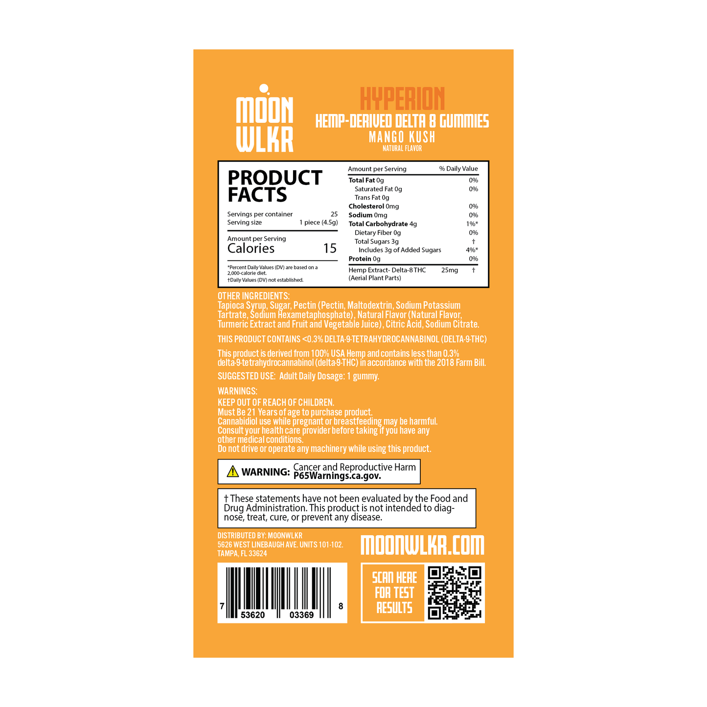 Products facts and ingredients for Moonwlkr Delta 8 gummies in Mango Kush flavor