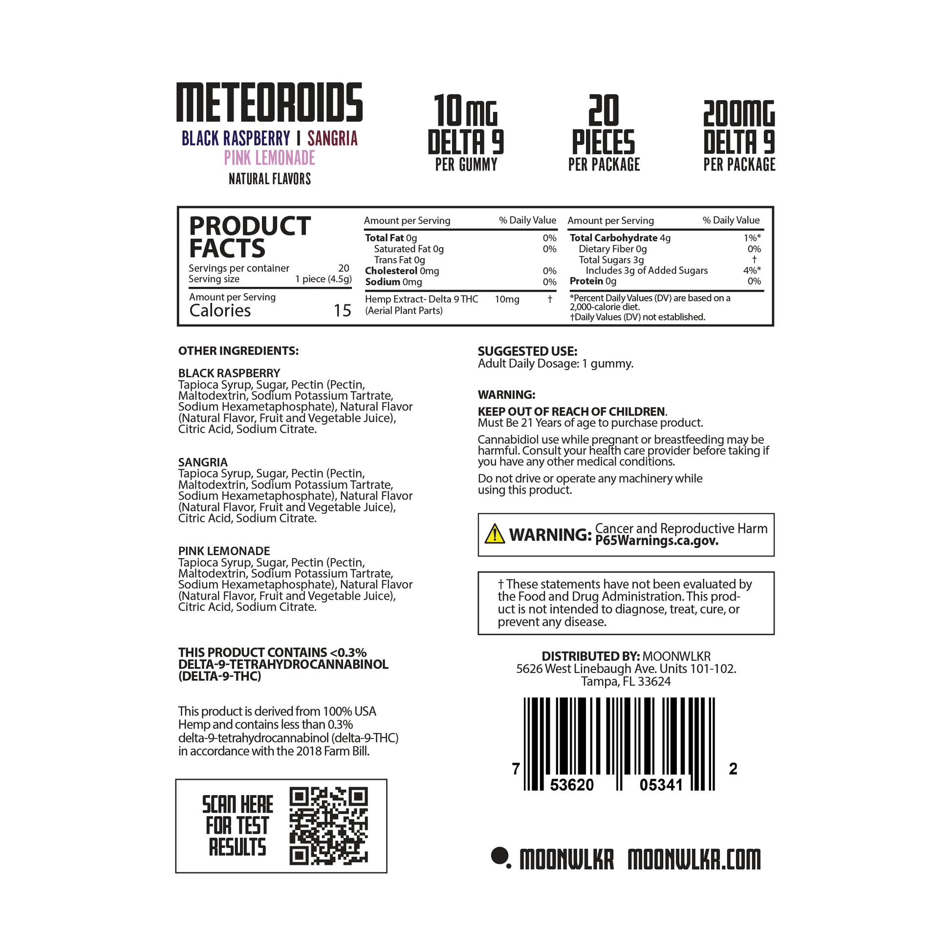 products facts and ingredients of Moonwlkr Meteoroids gummies