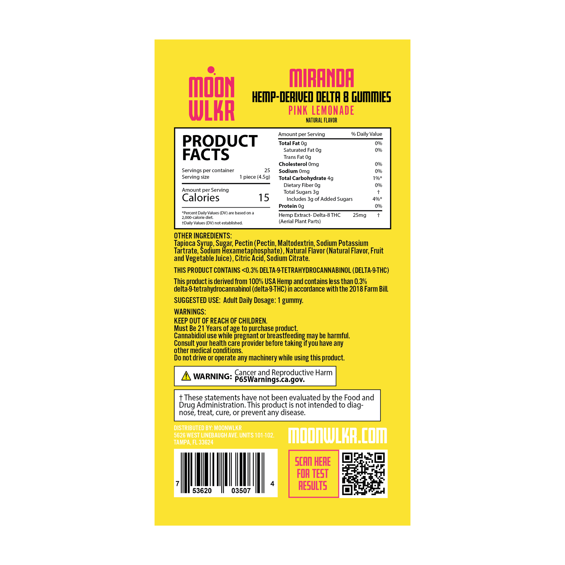 Products facts and ingredients for Moonwlkr Delta 8 gummies in pink lemonade flavor