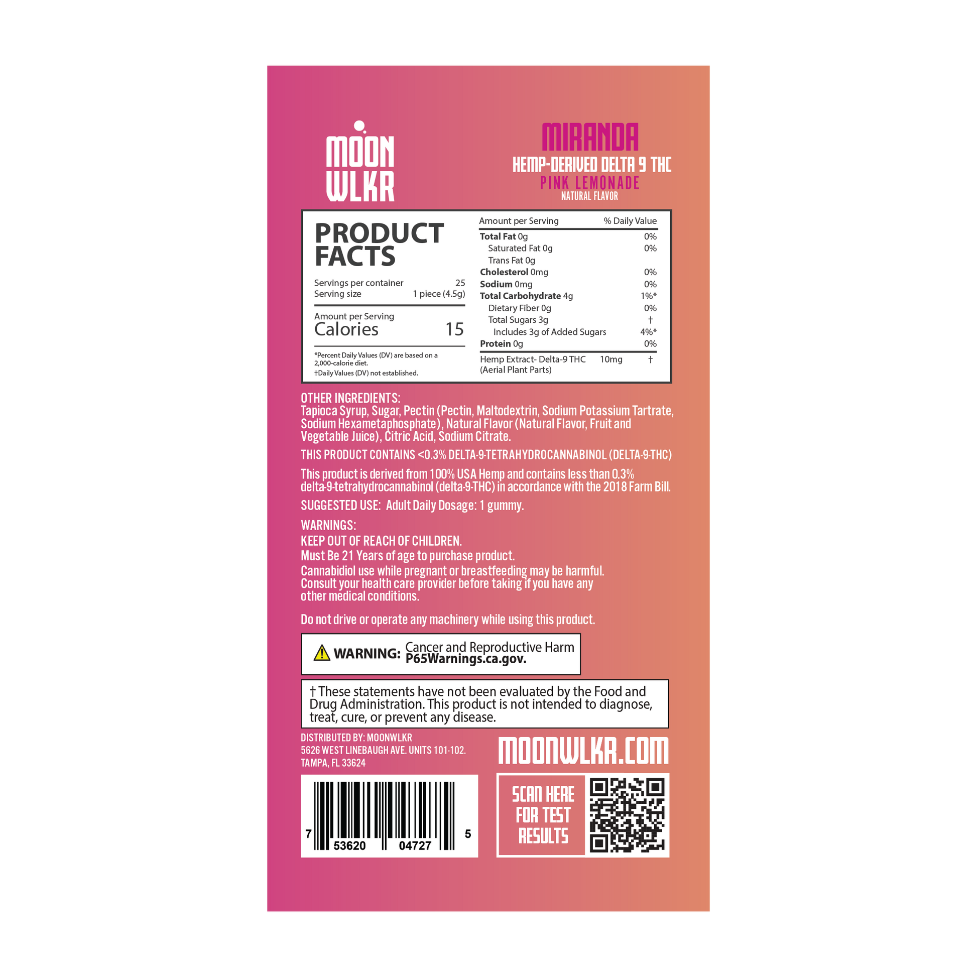 Products facts and ingredients for Moonwlkr Delta 9 THC gummies in pink lemonade flavor