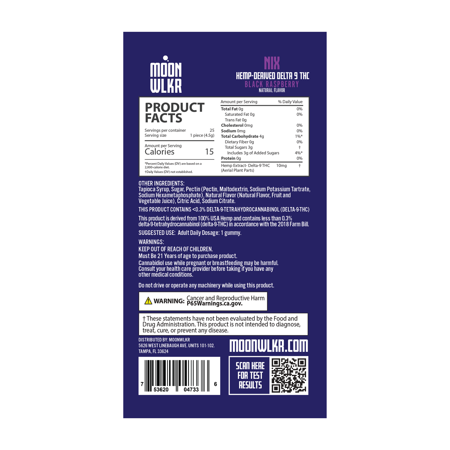 Products facts and ingredients for Moonwlkr Delta 9 THC gummies in black raspberry flavor
