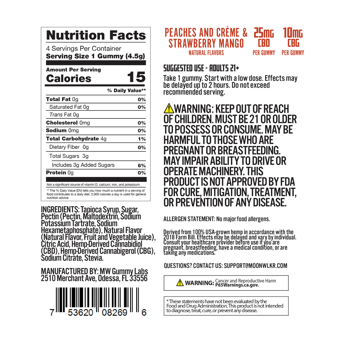 Peaches and Creme and Strawberry Mango CBD CBG gummies for pain nutrition facts panel