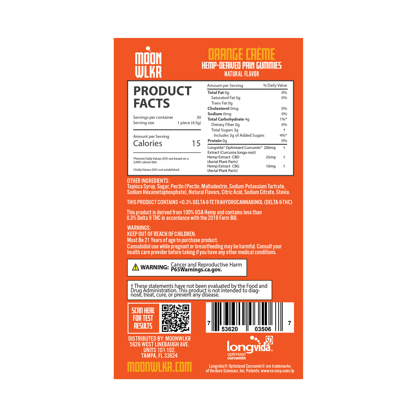 Products facts and ingredients for Moonwlkr CBD : CBG Pain gummies in orange creme flavor