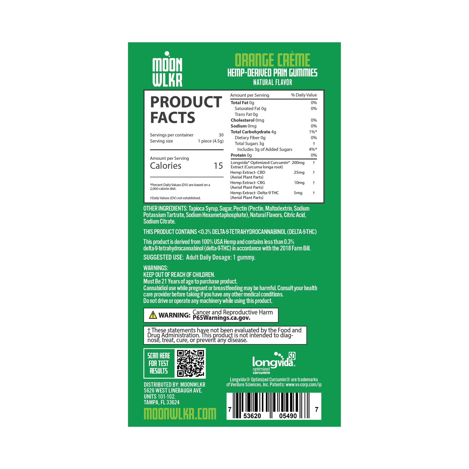 Products facts and ingredients for Moonwlkr CBD : CBG : THC Pain gummies in orange creme flavor