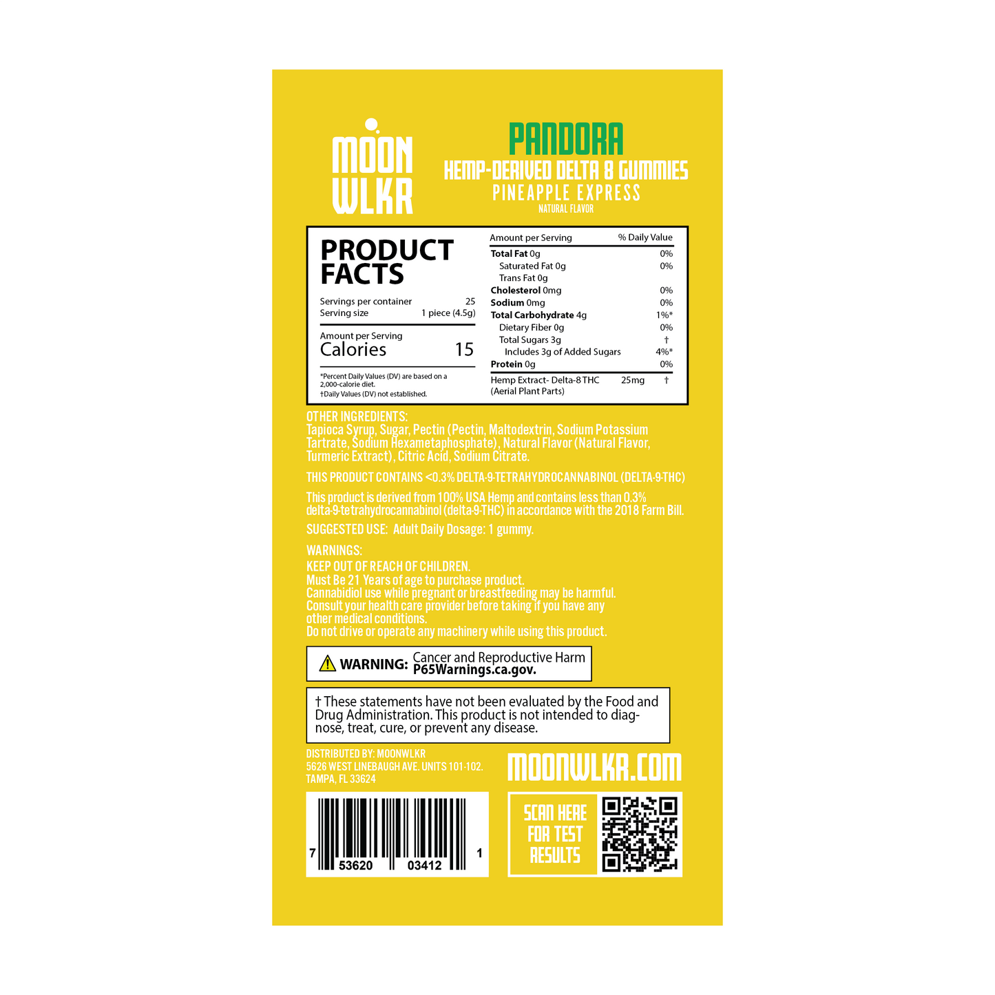 Products facts and ingredients for Moonwlkr Delta 8 gummies in pineapple express flavor