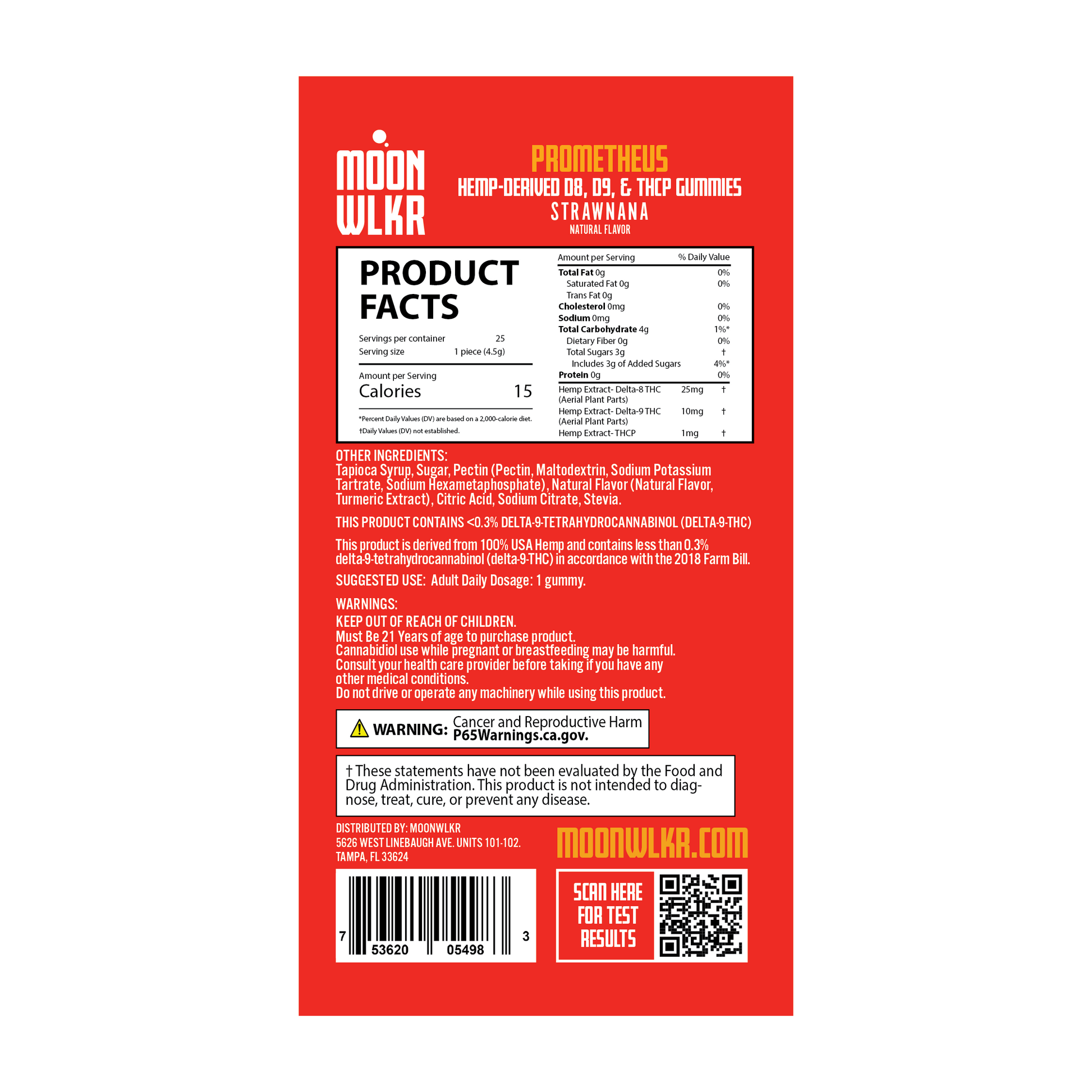 Products facts and ingredients for Moonwlkr THCP gummies in flavor strawnana