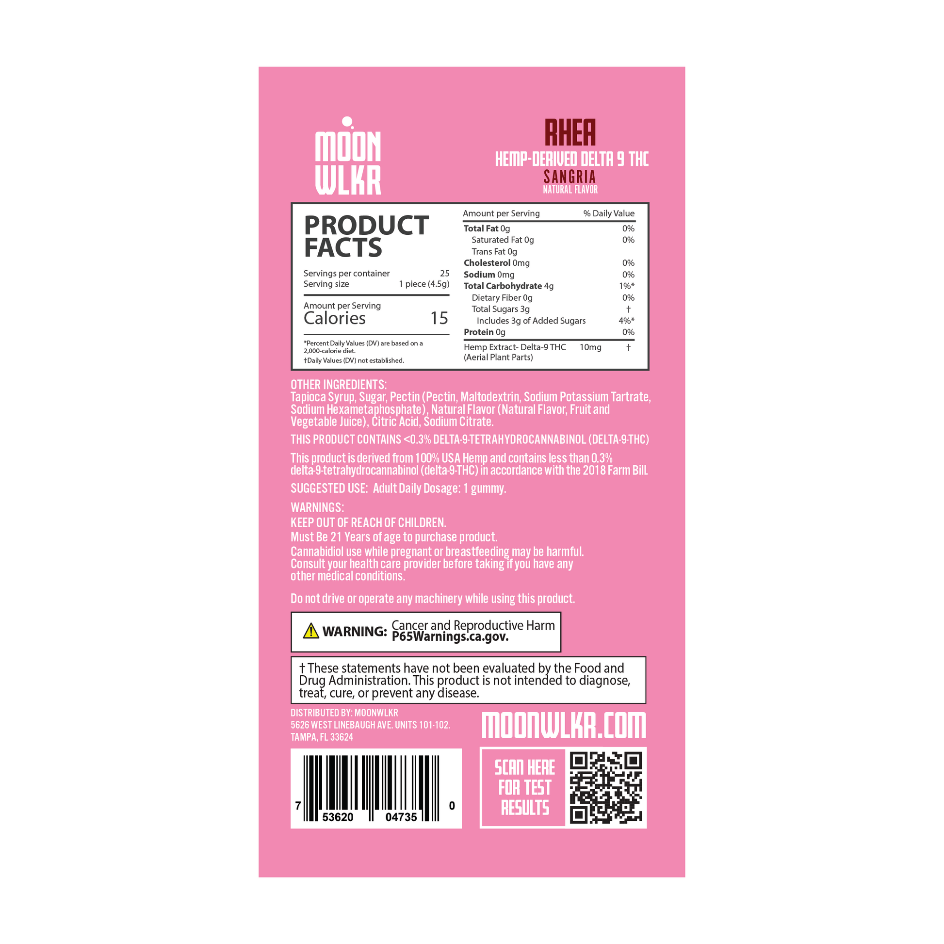 Products facts and ingredients for Moonwlkr Delta 9 THC gummies in sangria flavor