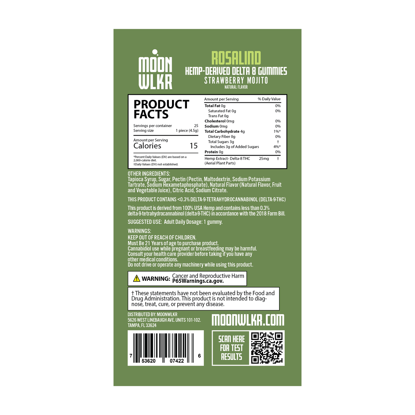 Products facts and ingredients for Moonwlkr Delta 8 gummies in strawberry mojito flavor
