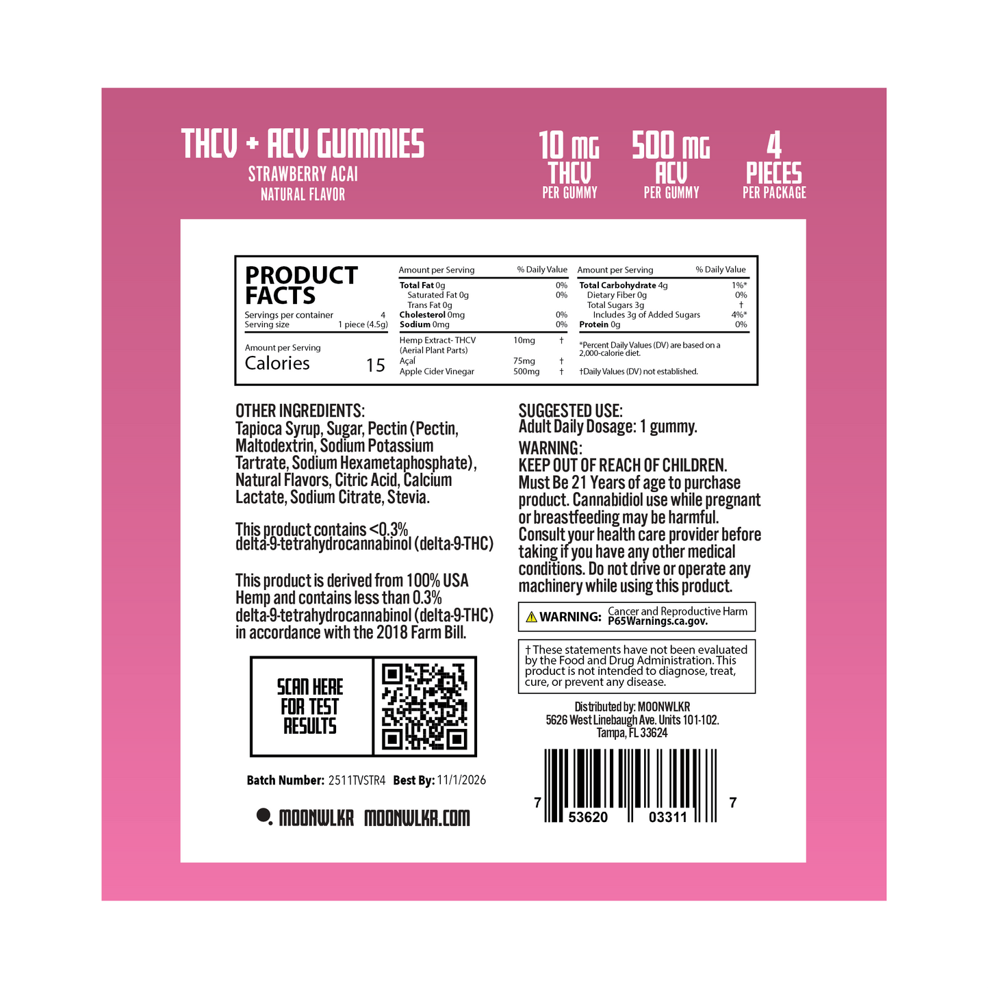 Products facts and ingredients for Moonwlkr THCV sample pack gummies in flavor strawberry acai
