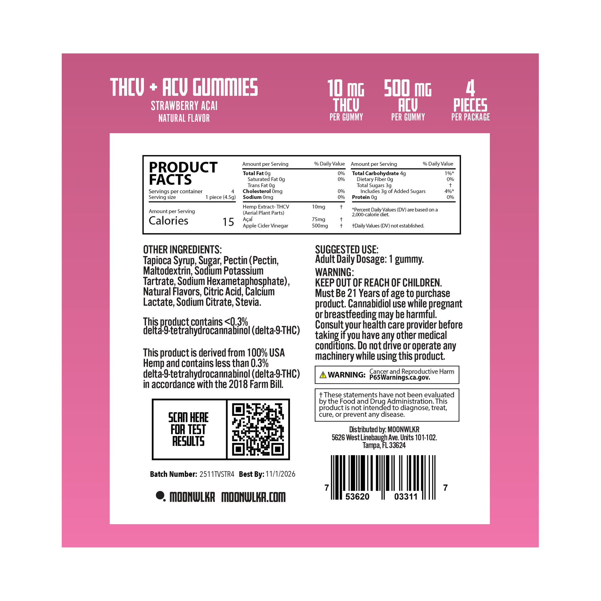Products facts and ingredients for Moonwlkr THCV sample pack gummies in flavor strawberry acai