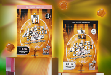 Packages of Moonwlkr amanita mushroom gummies in flavor Peach Mango