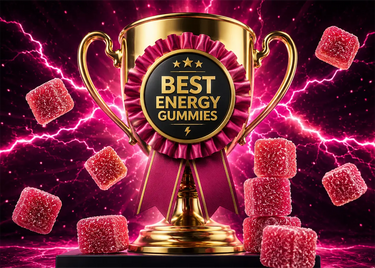 Trophy that says best energy gummies with THCV gummies around it
