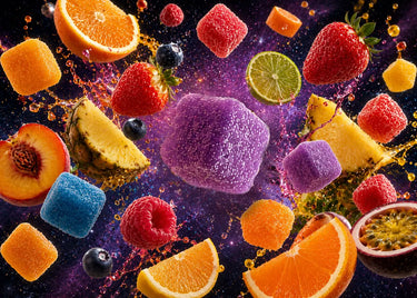 THC gummy with oranges, strawberries, and other fruit