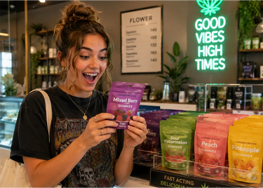 Woman excitedly looking at THC edibles