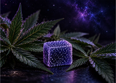 Purple Delta 8 Gummy surrounded by hemp leaves and the space sky