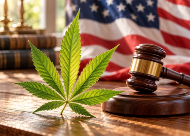 Cannabis leaf on a desk with a gavel and the United States flag in the back