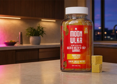 A bottle of hemp-derived Delta 8, Delta 9, THCP gummies sitting on a kitchen counter