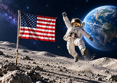 The USA flag planted on the moon with an astronaut jumping for joy