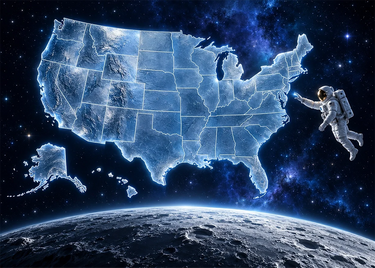 The United States Map floating in space with an astronaut