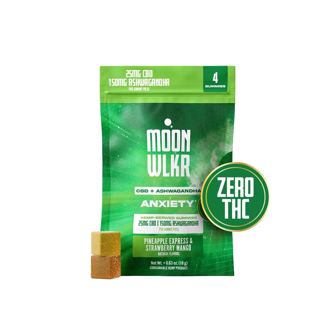 A green sample pack of Moonwlkr CBD : Ashwagandha gummies for anxiety, shown on a white background with a small gummy cube in front and a green circular badge reading Zero THC.