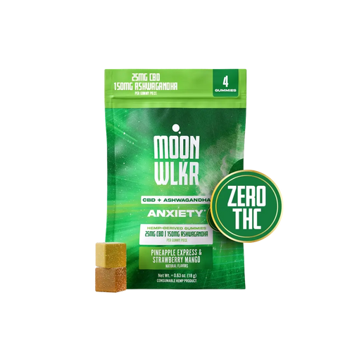 A green sample pack of Moonwlkr CBD : Ashwagandha gummies for anxiety, shown on a white background with a small gummy cube in front and a green circular badge reading Zero THC.