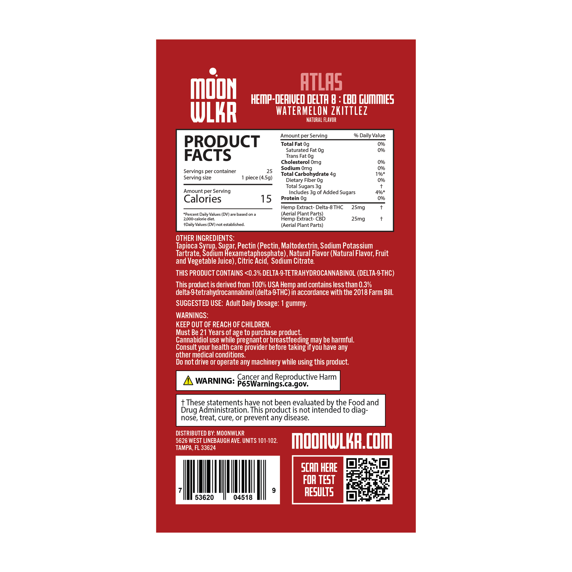 Products facts and ingredients for Moonwlkr Delta 8 : CBD gummies in watermelon zkittlez flavor