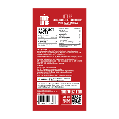 Products facts and ingredients for Moonwlkr Delta 8 gummies in watermelon zkittlez flavor