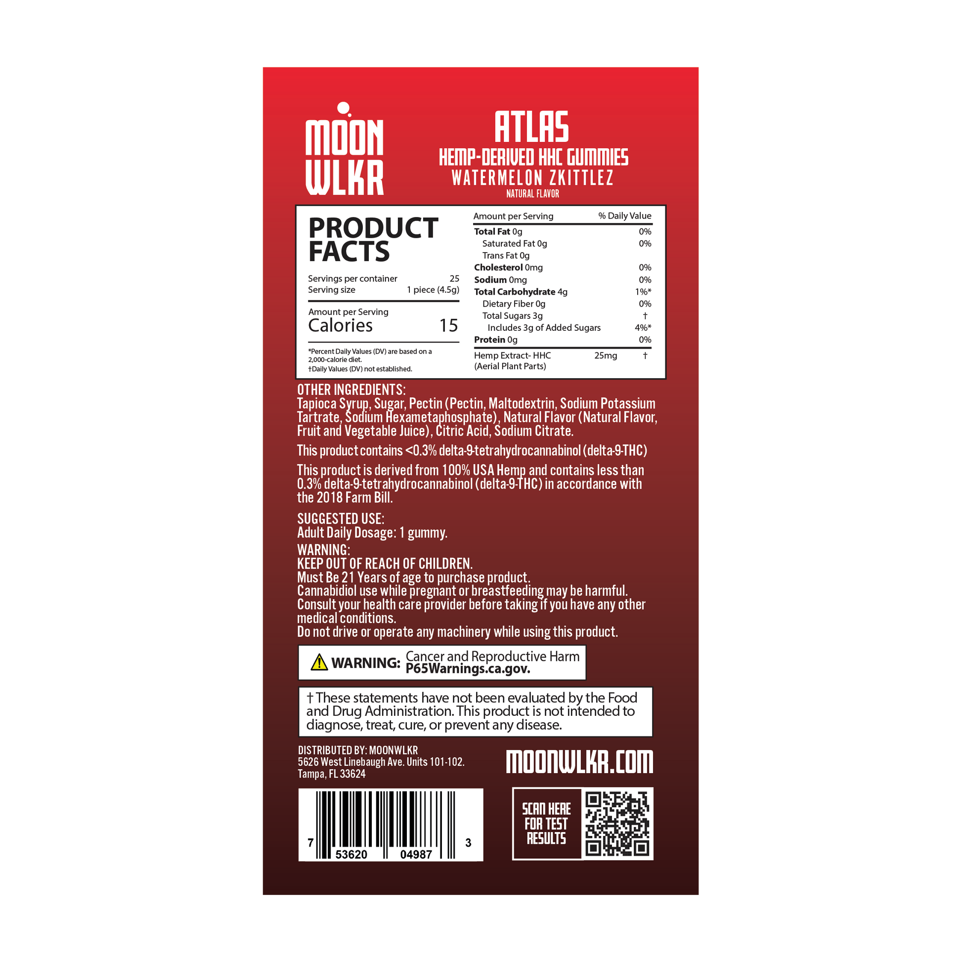 Products facts and ingredients for Moonwlkr HHC gummies in watermelon zkittlez flavor