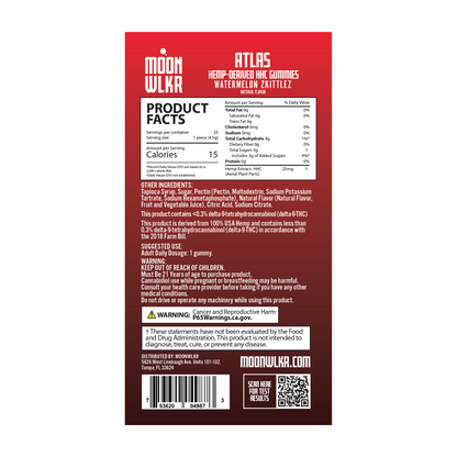 Products facts and ingredients for Moonwlkr HHC gummies in watermelon zkittlez flavor