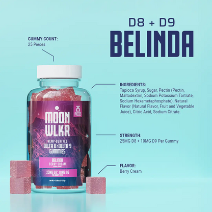 Moonwlkr D8:D9 blend gummies infographic and ingredients