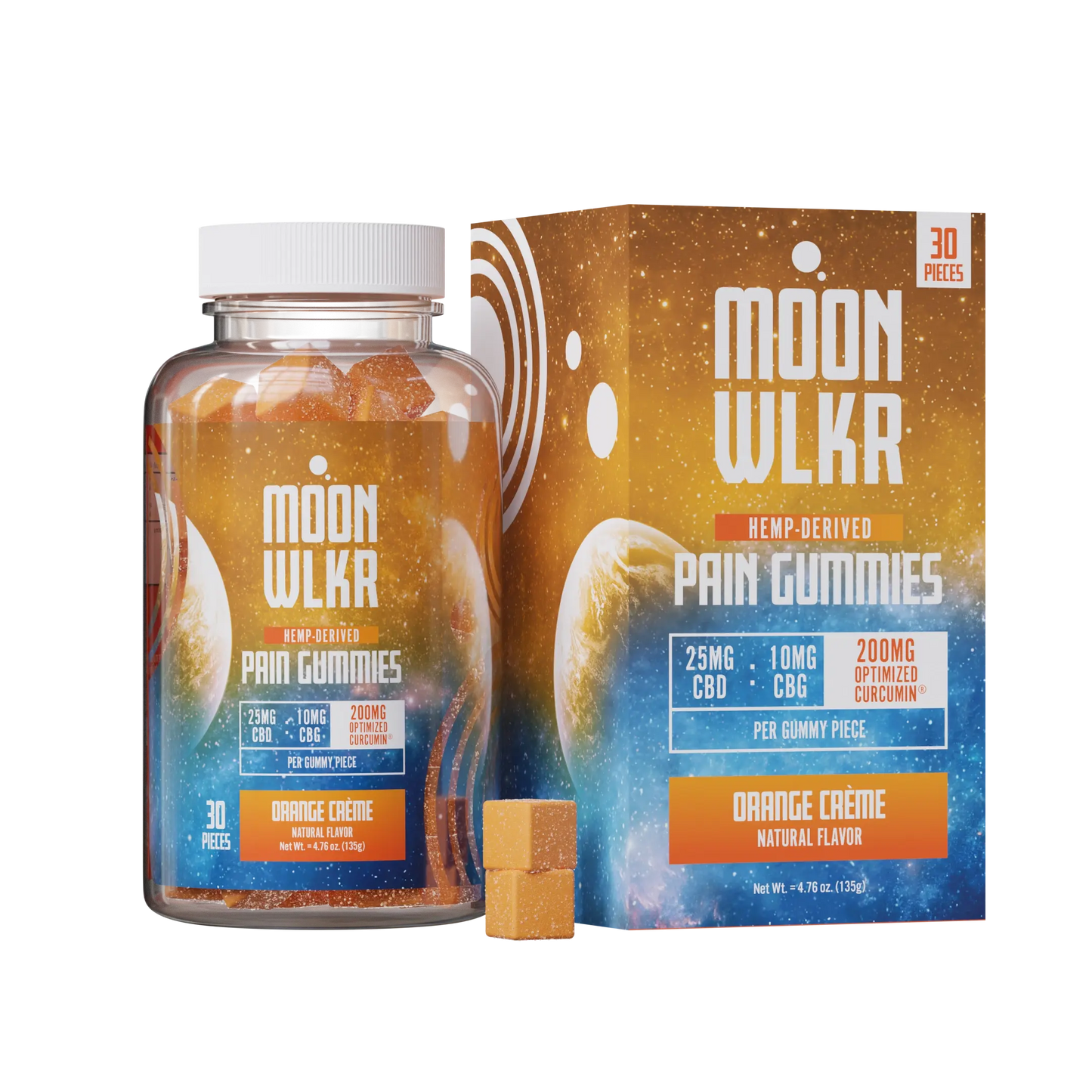 Bottle and packaging of Moonwlkr CBD, CBG, and Turmeric Pain relief gummies in flavor orange creme