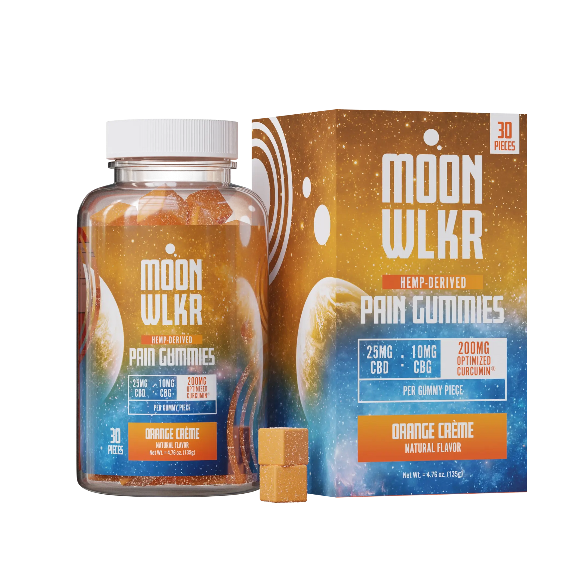 Bottle and packaging of Moonwlkr CBD, CBG, and Turmeric Pain relief gummies in flavor orange creme