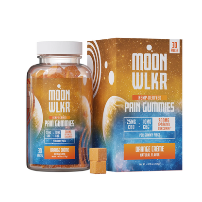 Bottle and packaging of Moonwlkr CBD, CBG, and Turmeric Pain relief gummies in flavor orange creme