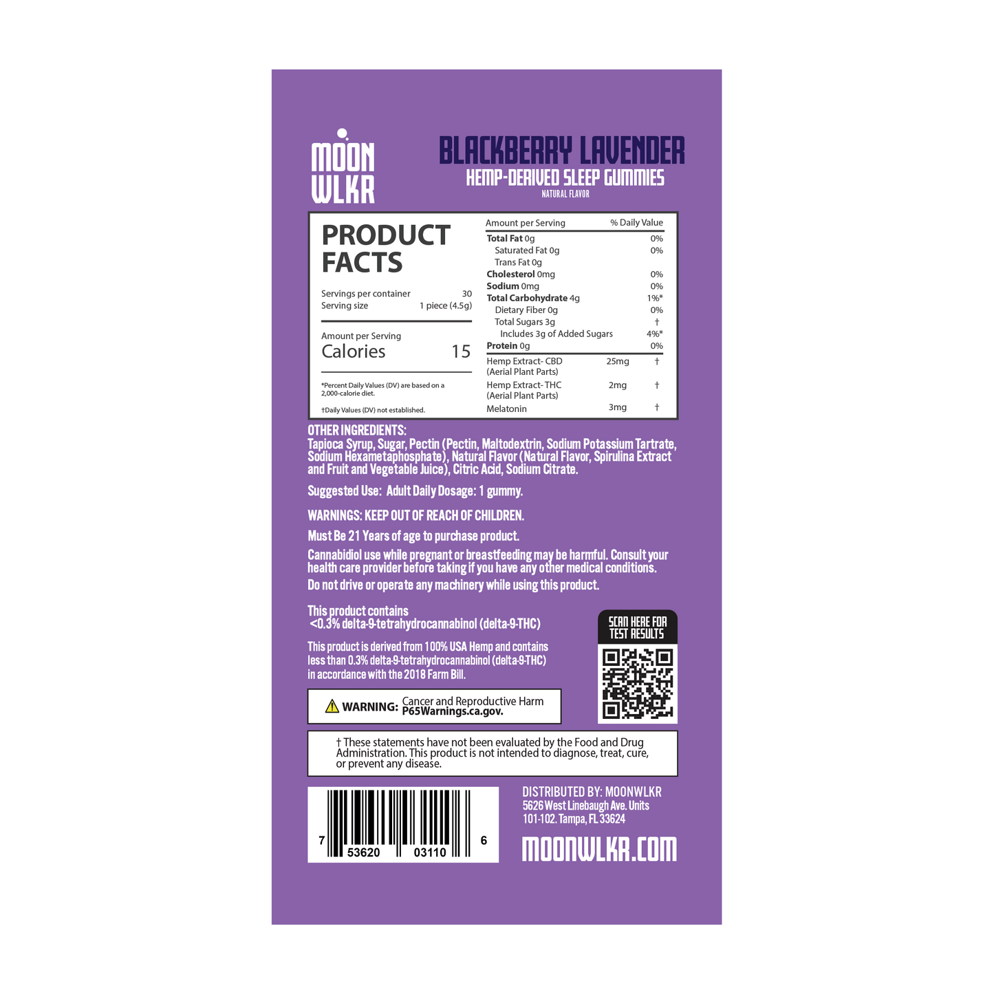 Products facts and ingredients for Moonwlkr CBD : THC : Melatonin gummies in flavor blackberry lavender